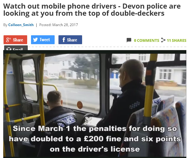 英國德文郡警察利用雙層巴士抓違規駕駛，成果豐碩。   圖：翻攝devonlive.com畫面