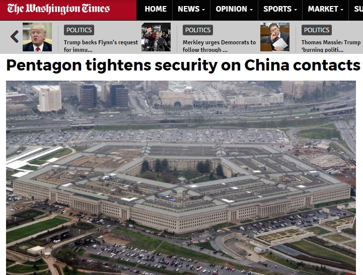根據美國媒體報導，五角大廈關切中國以不正當手段採購國防科技，已提高美國軍事人員入境和過境中國的規定。   圖：翻攝自Washington Times官網