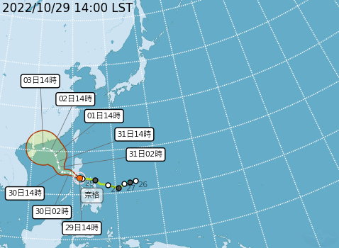 奈格颱風路徑西修後，離台灣越來越遠，不過外圍環流加上東北風，仍會產生共伴效應，導致基宜花下豪雨。   圖：取自中央氣象局網站