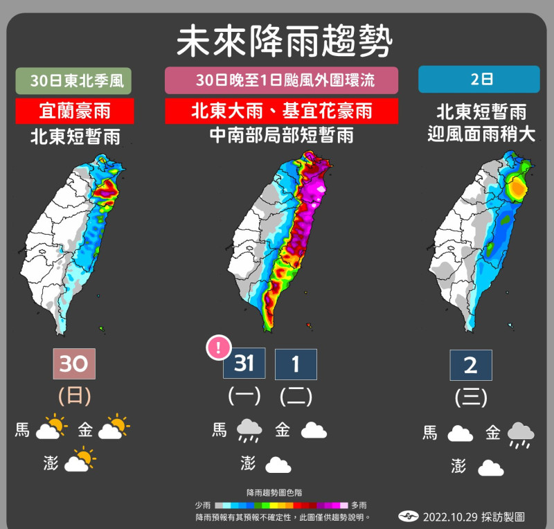 明日至下週三的降雨趨勢。   圖：中央氣象局／提供