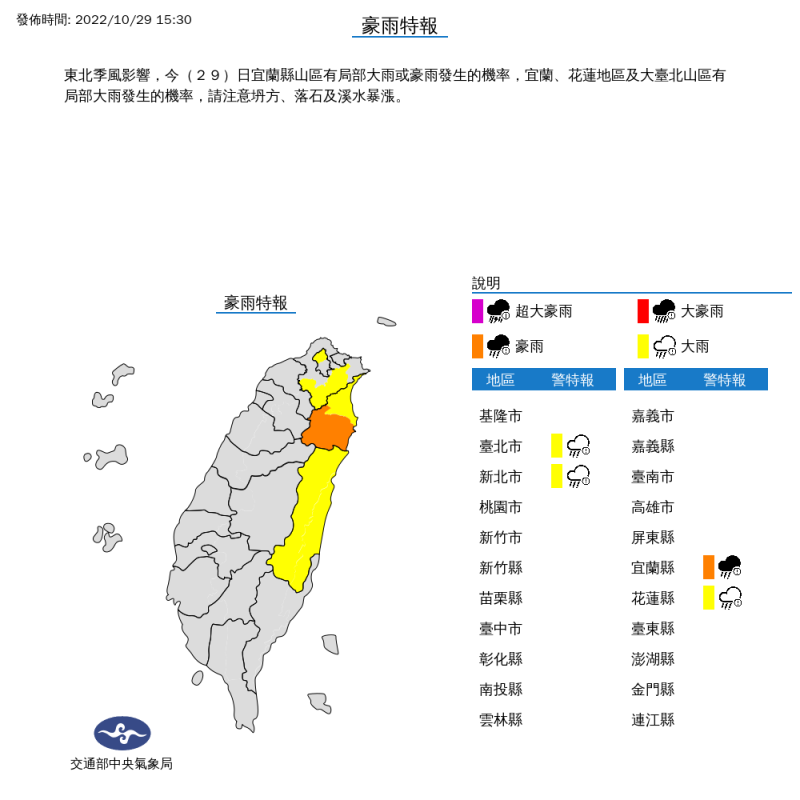 受到東北季風的影響，起項去對雙北、宜花發布豪大雨特報。   圖：取自中央氣象局網站