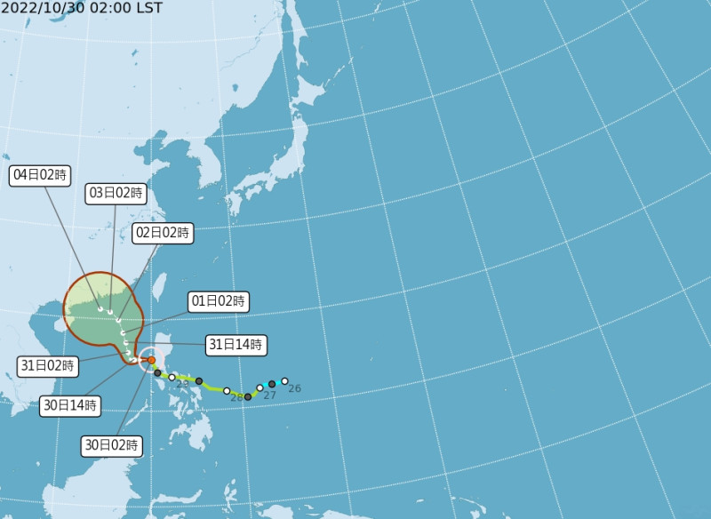 第22號輕度颱風「奈格」，30日凌晨2時中心位於鵝鑾鼻南方730公里之處，向西移動，今晨通過菲律賓後將進入南海再逐漸北轉。   圖/中央氣象局