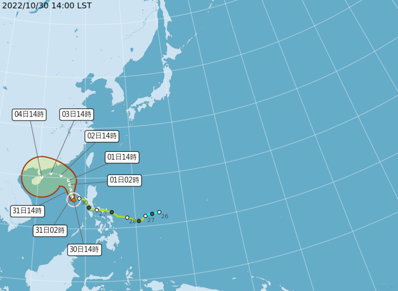 自今晚起至週二受到奈格颱風外圍環流及影響東北季風，北部、東半部易有局部大雨或豪雨。   圖：中央氣象局／提供