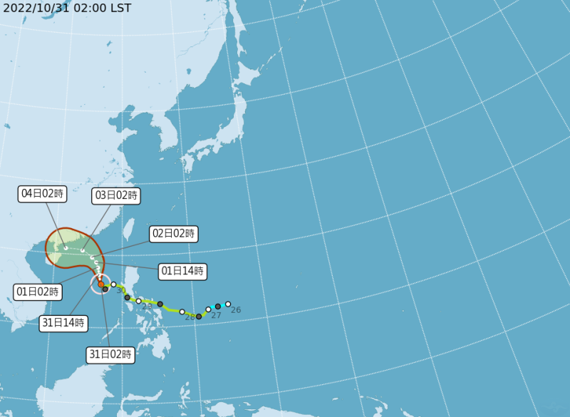 「輕颱奈格」在呂宋島西方海面逐漸轉北，未來再轉向偏西、減弱遠離，無發布颱風警報的機率。   圖：翻攝自中央氣象局
