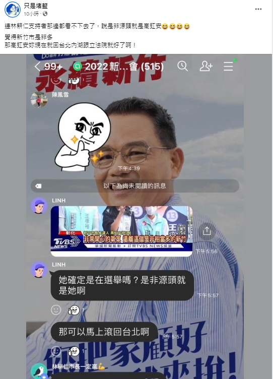林耕仁支持者看不下去直呼「是非源頭就是高虹安啊」。   圖：擷自粉專「只是堵藍」