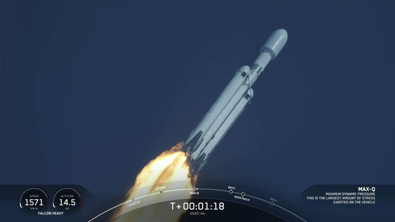 美國太空探索技術公司（SpaceX）的「獵鷹重型火箭（Falcon Heavy）」 執行任務USSF-44，睽違3年再次升空。   圖：翻攝自SpaceX影片