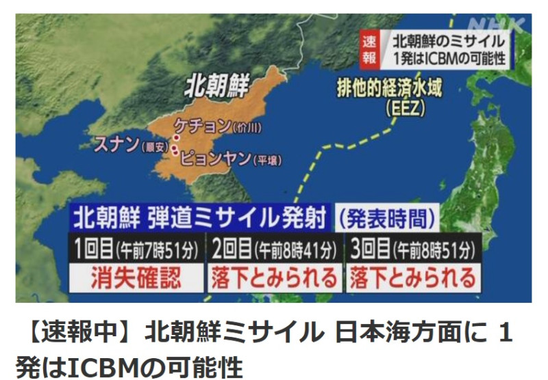 日本放送協會NHK報導，朝鮮再朝日本海方向發射至少3枚飛彈，其中1枚可能是洲際彈道導彈。   圖：翻攝自NHK官網（資料照）