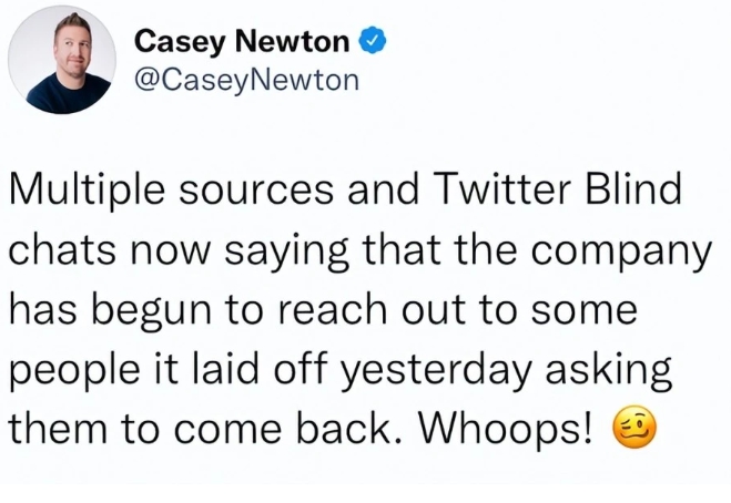 Casey Newton說，從多個管道得知， Twitter 公司正在聯繫昨天被裁掉的員工，希望他們重新回公司工作。   圖 : 翻攝自推特