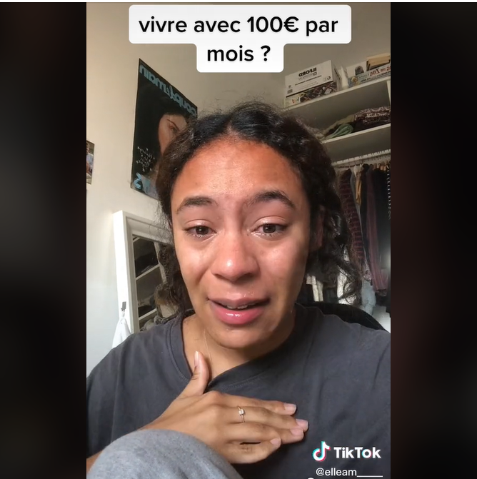 大學生瑪艾爾（Maëlle），助學金被多次扣減，每個月只剩100歐元生活費，令她在TikTok上發布一段影片訴苦。   翻攝自 TikTok @elleam_____