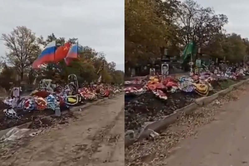 陣亡的俄軍士兵墳墓在盧甘斯克路邊綿延數公里。   圖：翻攝推特