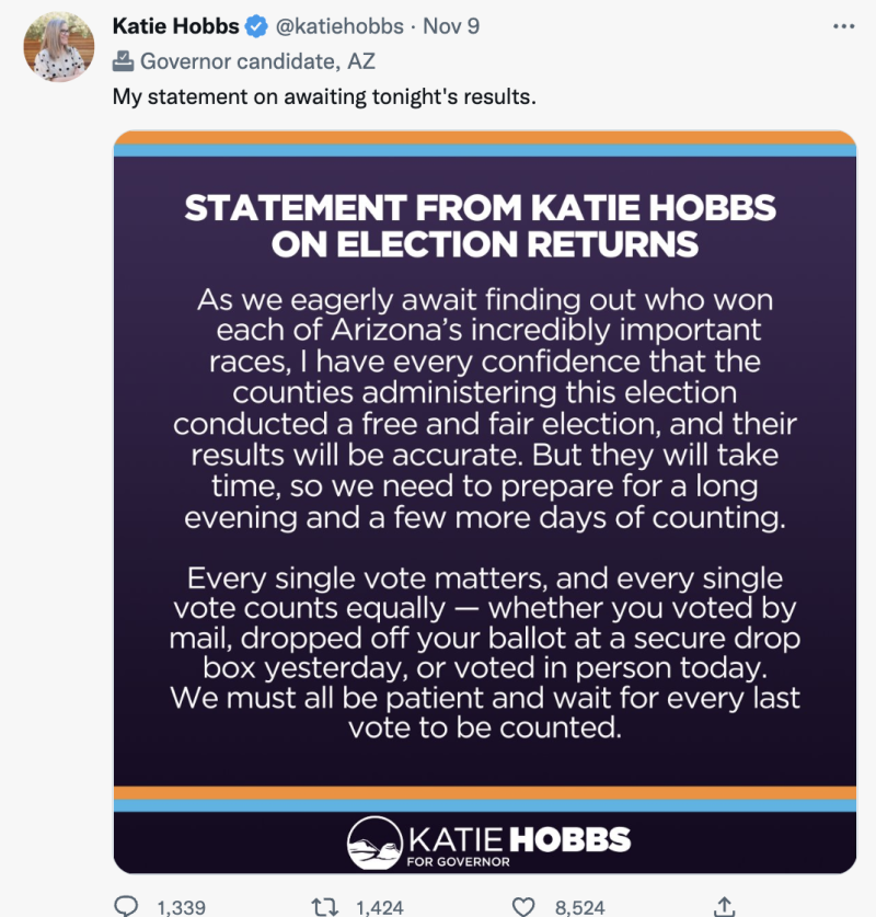 亞利桑那州長選戰激烈，民主黨州長候選人凱蒂‧霍布斯發布聲明。   圖：翻攝自霍布斯推特
