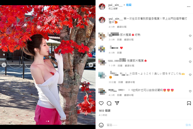 紅色的楓葉掉落在辛尤里胸部上。   圖：翻攝自IG/yui__xin___