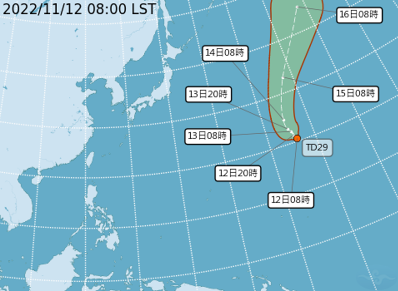 中央氣象局表示，台灣東邊4600公里的海域形成熱帶性低氣壓，預估24小時內就會形成第24號颱風「山貓」。   圖：翻攝自中央氣象局
