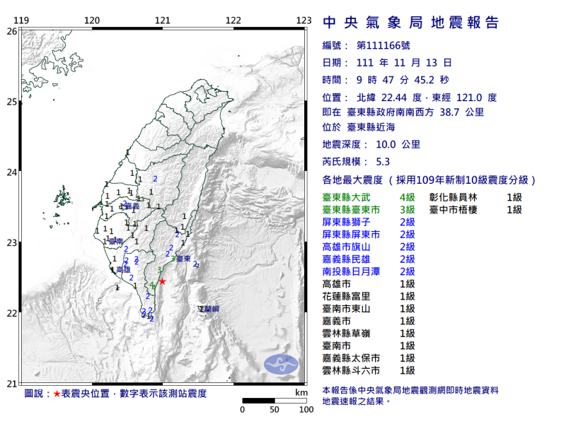 中央氣象局指出，上午9時47分台東近海發生芮氏規模5.3的地震。   圖：中央氣象局／提供