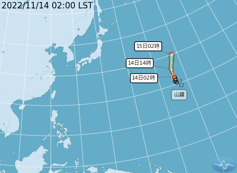 輕度颱風「山貓」，凌晨2時的中心位置，在威克島北北西方370公里海面上，也就是在台北東方4490公里海面上，對台幾無影響。   圖：中央氣象局提供