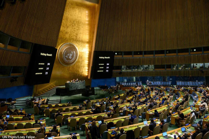 聯合國大會通過決議，要求俄羅斯對入侵烏克蘭違反國際法的行為負責，並向烏克蘭支付賠償   圖：翻攝推特