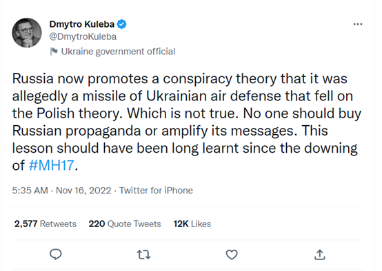 烏克蘭外交部長庫列巴（Dmytro Kuleba）發文表示大家不該相信俄羅斯的謠言。   圖：翻攝自推特@DmytroKuleba