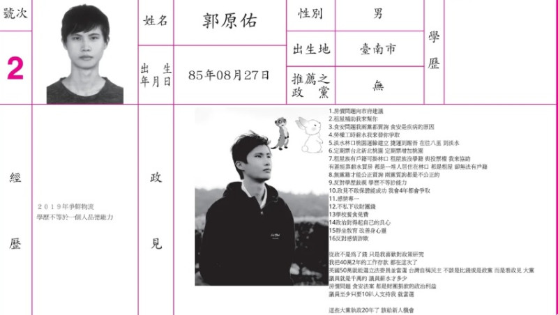 無黨籍議員候選人郭原佑，則是在政見欄位提出「感情專一」、「反對情感詐欺」   圖:中選會