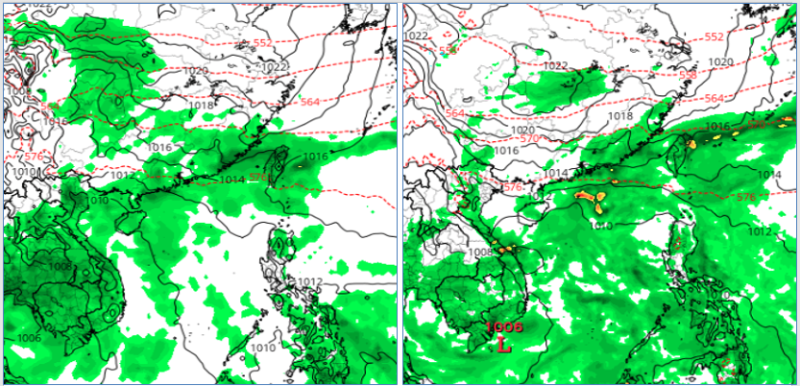 根據歐洲模式(ECMWF左圖)及美國模式(GFS右圖)，模擬23日20時地面圖皆顯示，東北風併南方水氣，降雨範圍擴大。   圖：翻攝自老大洩天機專欄