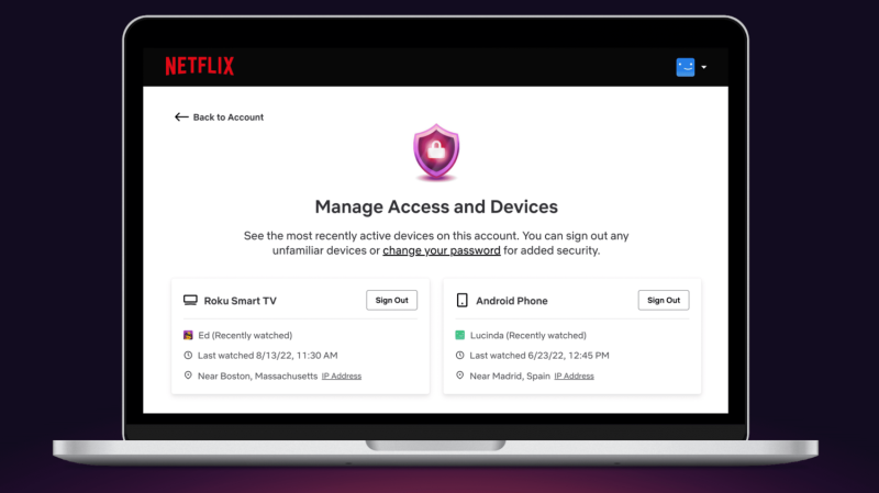 Netflix推出的全新功能「管理存取權與裝置」，可以讓主帳號統一管理所有的登入裝置，包括共用帳號。使用者可以遠端直接登出任一裝置，無論是在電視、電腦、手機或平板，因此主帳號能在不更改密碼的情形下，隨意踢掉任何裝置。   圖：翻攝自Netflix官網