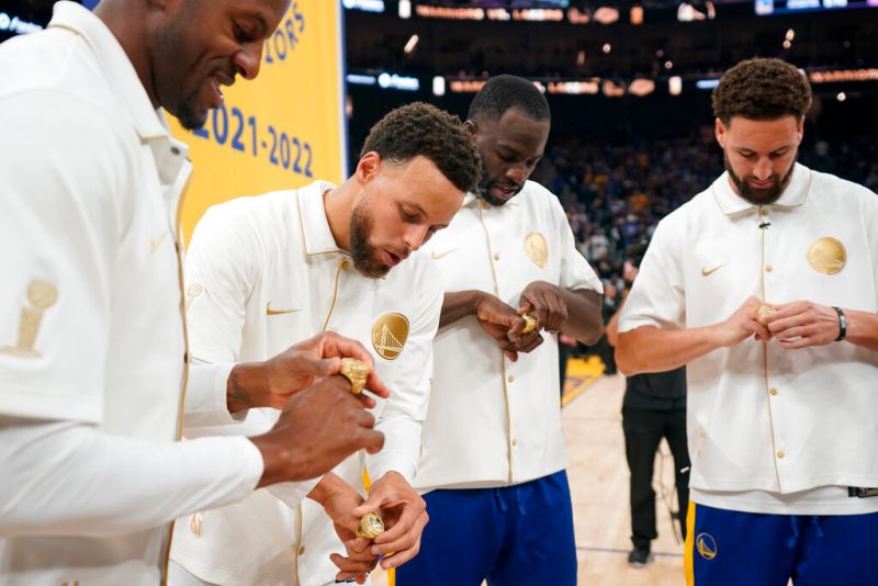 勇士王朝的四位核心成員Steph Curry、Klay Thompson、Draymond Green、Andre Iguodala。   圖／美聯社／達志影像