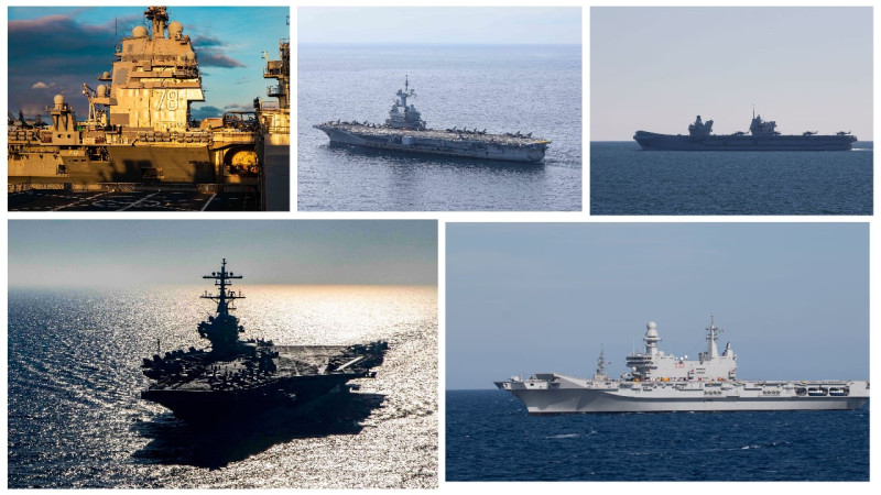即將在地中海海域進行的大規模海上聯合軍演，分別有美國「福特號(CVN-78)」(上左)、法國「戴高樂號(R91)」(上中)、英國「伊麗莎白女王號(R08)」(上右)、美國「布希號(CVN-77)」、義大利「加富爾號(CVH 550)」。   圖：翻攝USNI