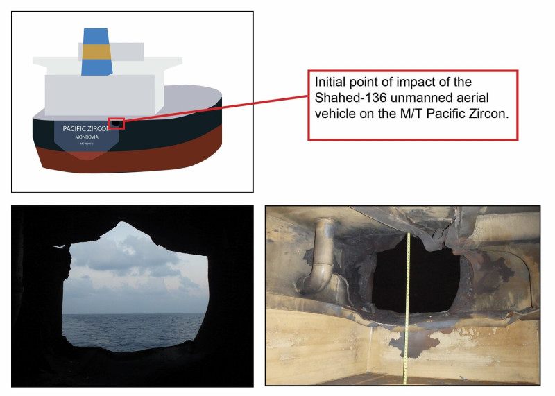 美國海軍公布油輪遭無人機襲擊的破洞。   圖:US Navy