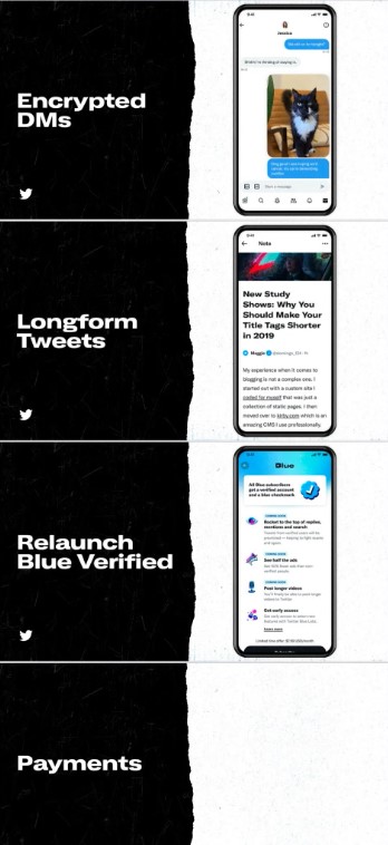 馬斯克展示出「推特2.0萬能App」將具備加密的直接訊息、長篇推文和支付等功能。   圖：翻攝自馬斯克推特