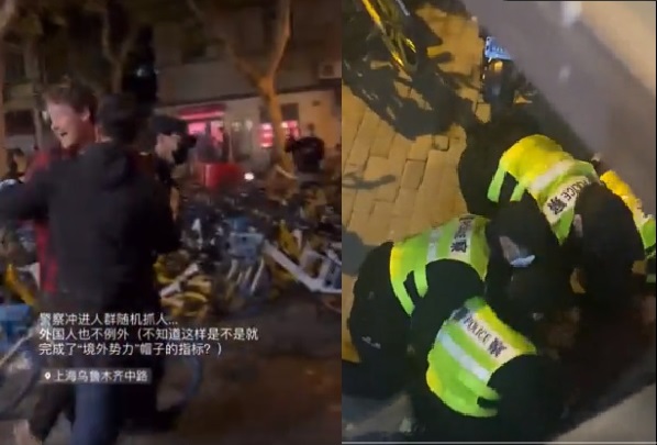 BBC記者採訪上海白紙革命示威期間被暴力拘捕。   圖：擷自推特@Shanghaishanghai