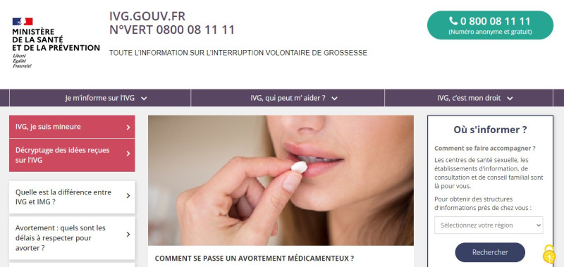 法國政府推出官網「ivg.gouv.fr」，專門為女性解答有關墮胎的各類問題。   圖：翻攝ivg.gouv.fr