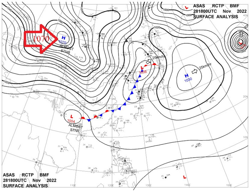 明天南下的冷高壓有1070百帕。   圖：取自鄭明典臉書