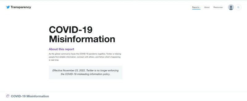 推特不再執行有關COVID-19誤導性訊息的政策，這意味推特將不再刪除或是標記相關的誤導性訊息。   圖：翻攝自推特官網