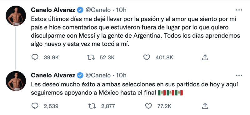 墨西哥拳王阿瓦雷茲（Canelo Álvarez）發布道歉聲明。   圖：翻攝自推特