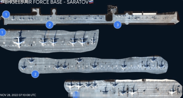 衛星圖片顯示，在位於俄羅斯薩拉托夫的恩格斯空軍基地，俄羅斯空天軍集結了 20 架圖-160 「海盜旗」和圖-95「熊」戰略轟炸機， 圖 : 翻攝自搜狐