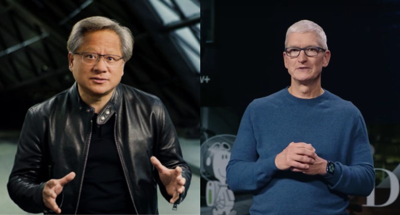 蘋果執行長庫克(右)、輝達（NVIDIA）執行長黃仁勳(左)分別獲得了83%和黃96%的員工支持度。   圖：翻攝自輝達官網、蘋果YouTube頻道