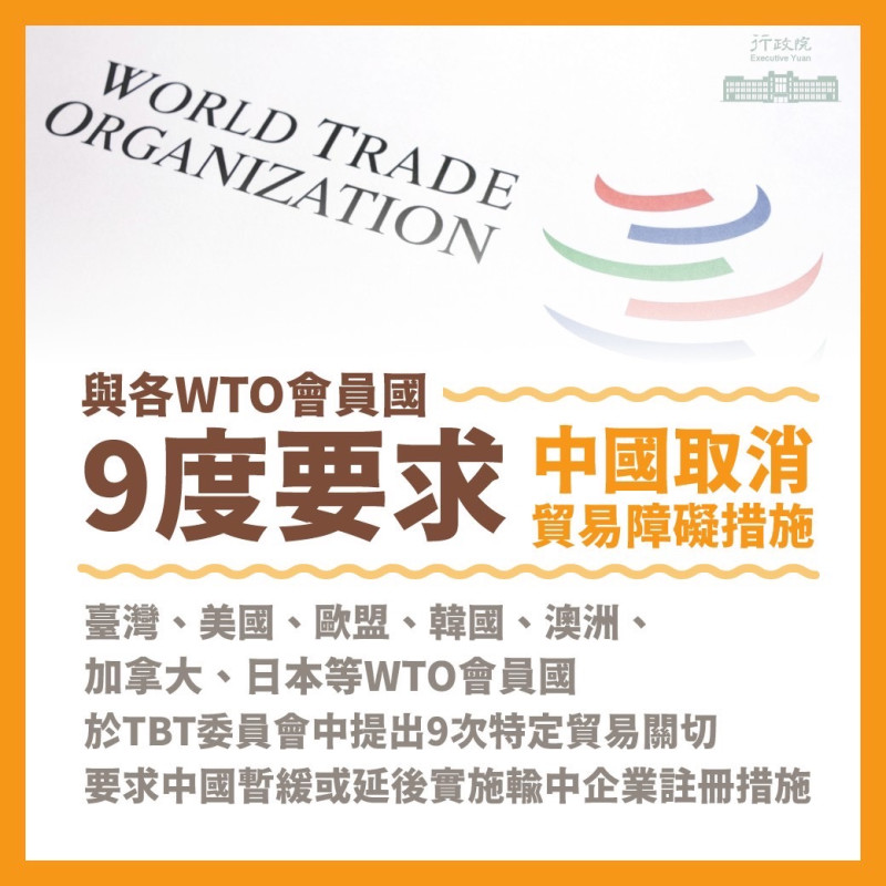 自2020年2月至今，我國與美、日、歐盟等WTO會員已9次提出特定貿易關切，共同訴求中國暫緩或延後實施規定。   圖：行政院提供
