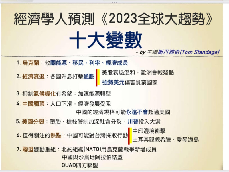 《經濟學人》雜誌近期預測的2023年全球10大趨勢還包括各國將升息打擊通膨、俄烏戰爭下的能源、移民問題等。   圖 :翻攝自謝金河臉書