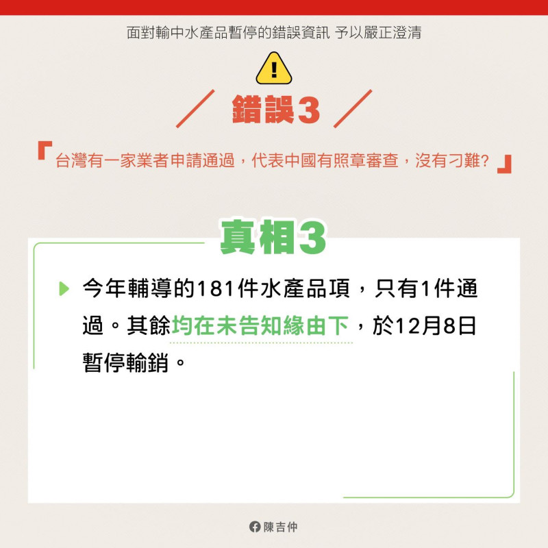 針對輸中水產品暫停的爭議，陳吉仲在臉書上指出錯誤資訊，予以說明澄清。   圖：取自陳吉仲臉書