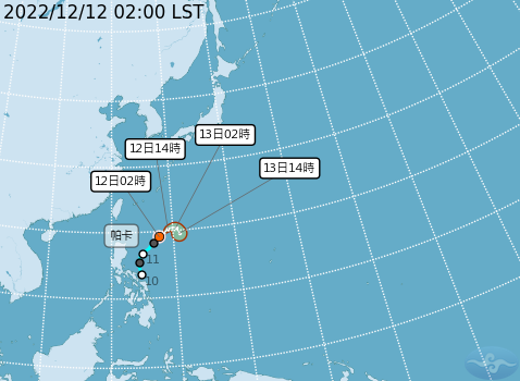 輕度颱風帕卡，目前以每小時19公里速度，持續向東北進行，估計不會影響台灣。   圖：中央氣象局/提供