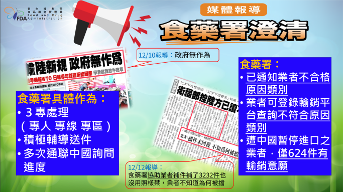 中國海關總署近日突禁台灣水產與酒類等關食品入關，不斷有食藥署無作為才讓業者無法輸中的傳言，食藥署說明直至111年12月12日上午8時，有效可出口到中國的業者為855件，非所稱僅有一家註冊成功。   圖：食藥署/提供