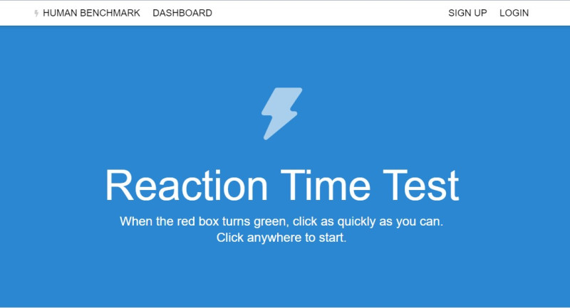 這款專門測試人類大腦反應速度的網站名叫「Human Benchmark」，測試者需盯著螢幕，在畫面由紅轉綠的時候按下，是一個非常簡單的測試。   圖：翻攝自Human Benchmark