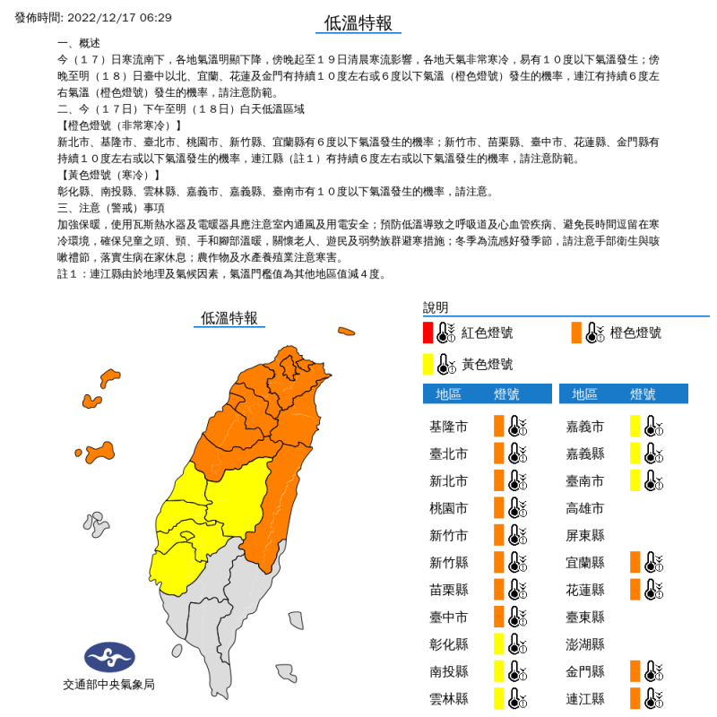 受到寒流影響，全台18縣市已經發布低溫特報，這也是今年入冬以來首次低溫特報   圖片來源/中央氣象局