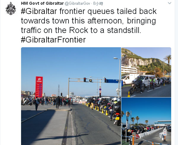 直布羅陀政府5日在推特po文，指出西班牙加強邊境管制，造成邊境大排長龍。   圖：翻攝直布羅陀政府推特
