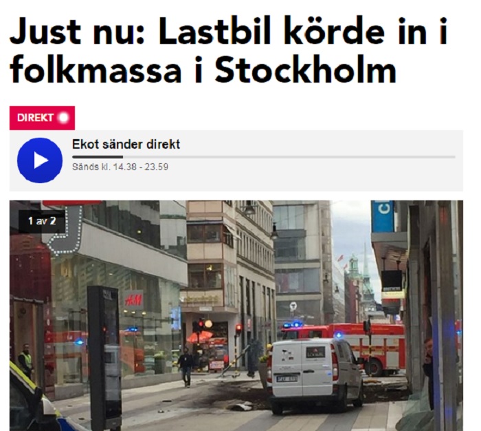 瑞典首都斯德哥爾摩一輛卡車衝入購物街，造成3人死亡，多人受傷。   圖：翻攝Sveriges Radio官網