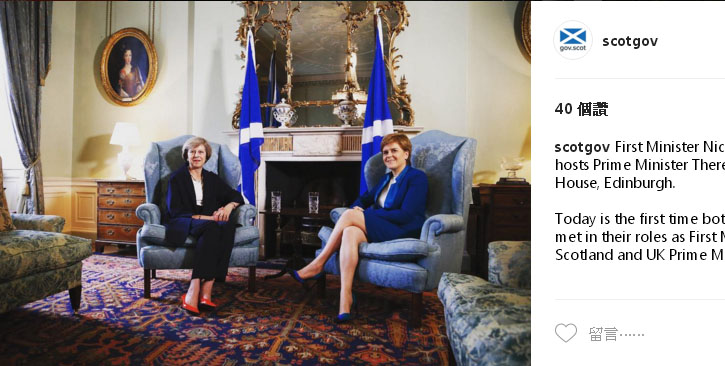 英國首相梅伊（左）強硬的脫歐態度，蘇格蘭首席部長斯特金（右）也不相讓，一心想脫離英國獨立後加入歐盟。   圖：翻攝蘇格蘭政府Instagram