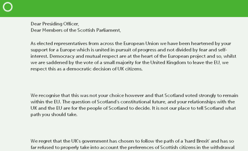 歐洲議會多位議員連署公開信，歡迎蘇格蘭脫離英國獨立，加入歐盟。   圖：翻攝蘇格蘭綠黨