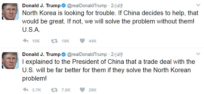 美國總統川普11日在推特發文表示，如果中國不幫忙，美國會自行解決朝鮮問題。   圖：翻攝川普推特