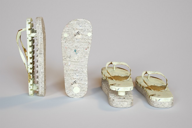 「再生紙拖鞋」獲歐洲產品設計大獎永續發展設計銀獎。   圖：大葉大學提供。