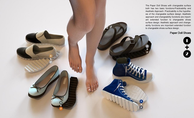 「紙娃娃鞋」獲歐洲產品設計大獎鞋類設計銀獎。   圖：大葉大學提供。