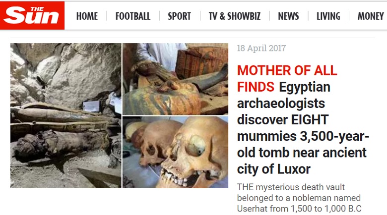 考古學家在埃及路克索附近一處3500年歷史之久的墓穴中發現8具木乃伊、棺木以及逾千具用於葬禮中的雕像。   圖：翻攝The Sun官網